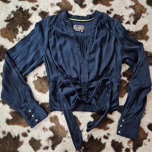 Anthropologie Silky Ruched Waist Blouse | Teal Turquoise Long Sleeve Top Small